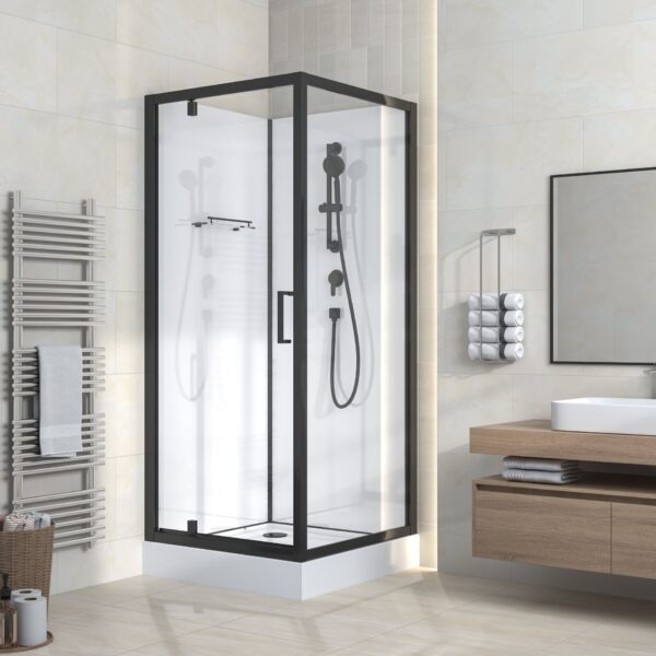 RIMO CABINE DE DOUCHE COMPLÈTE AVEC PORTE PIVOTANTE - 80X215X80 CM - RÉVERSIBLE - NOIR MAT - VERRE CLAIR