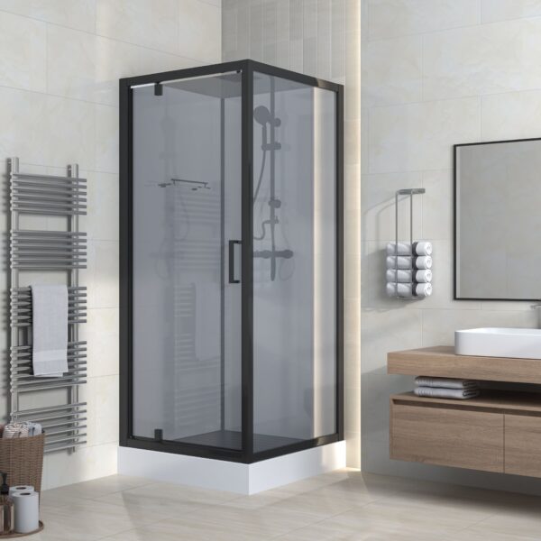 MARANI CABINE DE DOUCHE COMPLÈTE AVEC PORTE PIVOTANTE - 90X225X90 CM - RÉVERSIBLE - NOIR MAT - VERRE FUMÉ GRIS