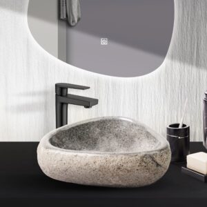 VASQUE RONDE EN PIERRE DE RIVIÈRE NATURELLE À BORD FIN - GRIS 30-35X15X1,5CM